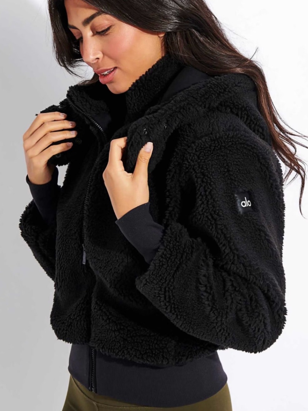 ALO Yoga Black Teddy Sherpa Zip Jacket w/ Detachable Hood